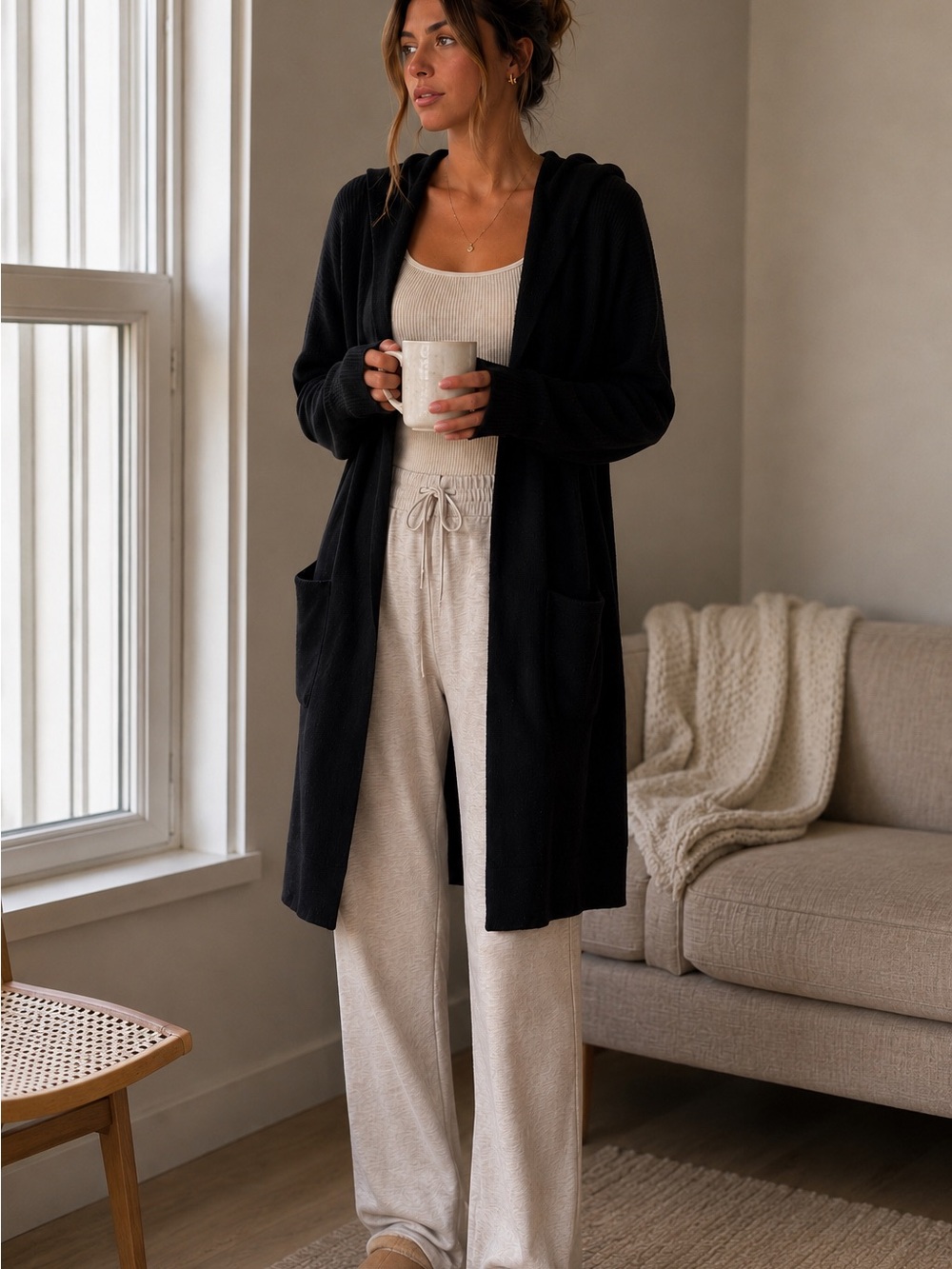 Zella Wool Cashmere Hooded Cardigan M Black Quiet Luxury Longline